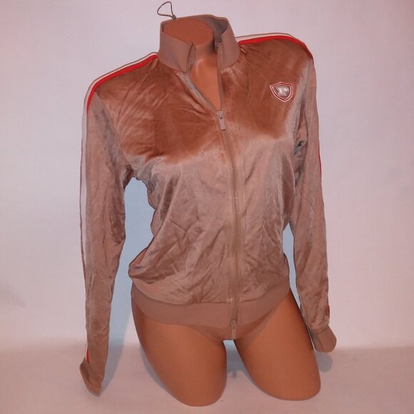 PINK Victoria's Secret Tops - Victoria's Secret PINK Jacket Tan Red White Jersey Knit Long Sleeve Collared Zip